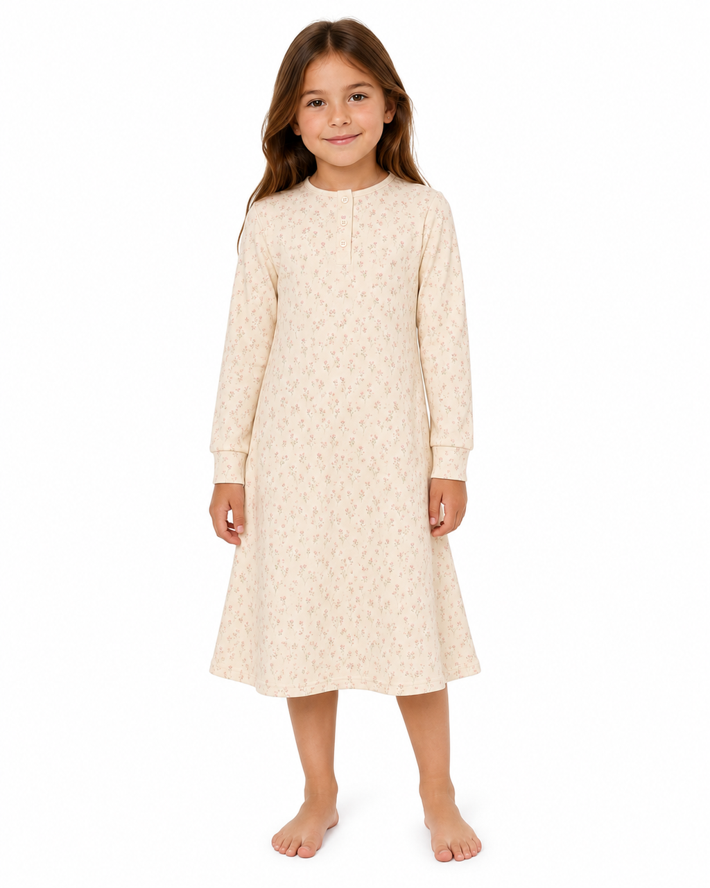 Tiny Floral Nightgown, Long Sleeve Mid Length
